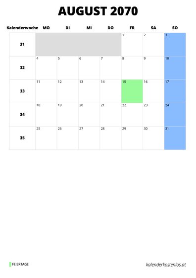 Kalender August 2070 im Hochformat