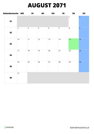 Kalender August 2071 Kalender August 2071 im Hochformat