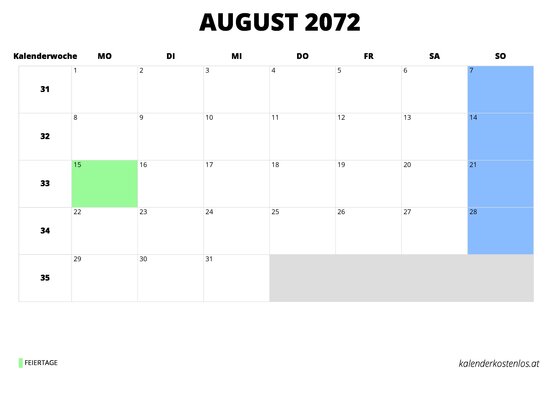 Kalender August 2072 Kalender August 2072 im Querformat
