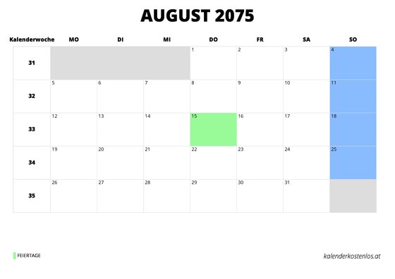 Kalender August 2075 Kalender August 2075 im Querformat