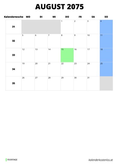 Kalender August 2075 Kalender August 2075 im Hochformat
