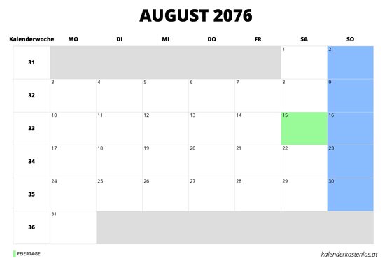 Kalender August 2076 im Querformat