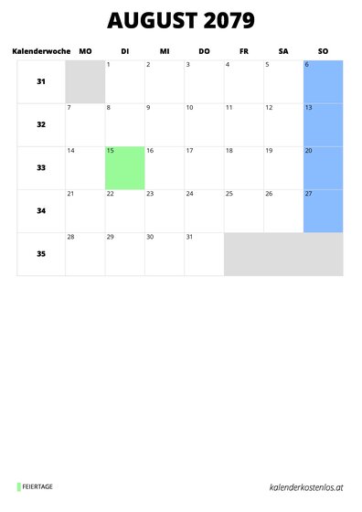 Kalender August 2079 Kalender August 2079 im Hochformat