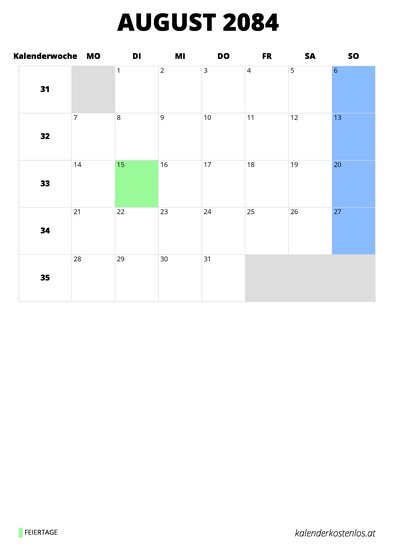 Kalender August 2084 Kalender August 2084 im Hochformat