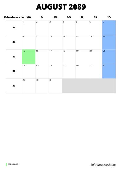 Kalender August 2089 Kalender August 2089 im Hochformat