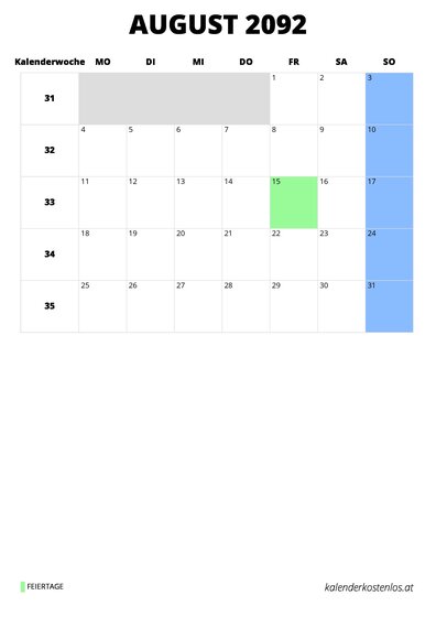 Kalender August 2092 im Hochformat