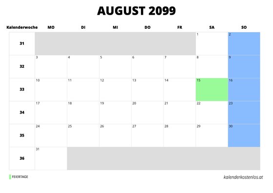 Kalender August 2099 im Querformat