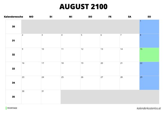 Kalender August 2100 Kalender August 2100 im Querformat