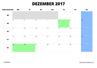Kalender Dezember 2017 im Querformat