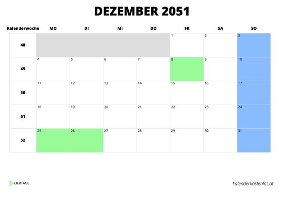 Kalender Dezember 2051 Kalender Dezember 2051 im Querformat