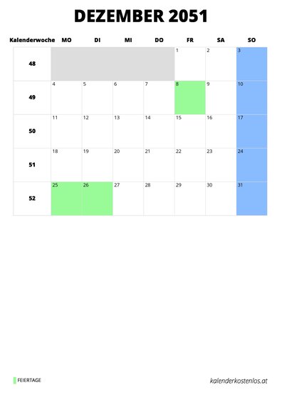 Kalender Dezember 2051 Kalender Dezember 2051 im Hochformat