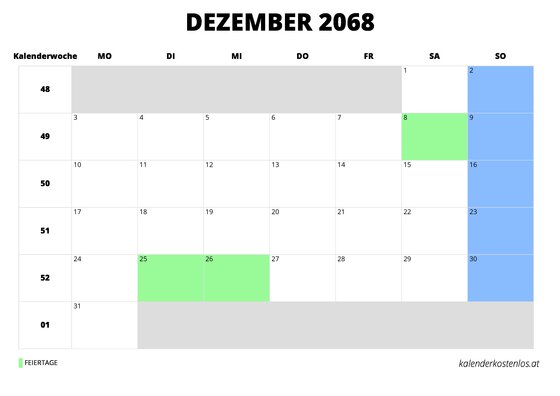 Kalender Dezember 2068 Kalender Dezember 2068 im Querformat