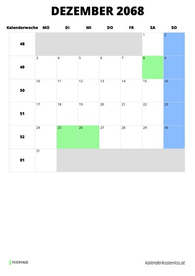 Kalender Dezember 2068 Kalender Dezember 2068 im Hochformat