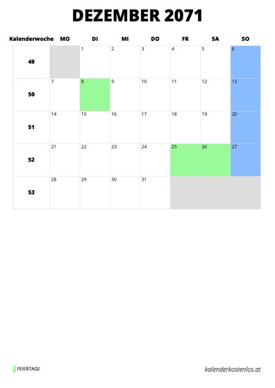 Kalender Dezember 2071 Kalender Dezember 2071 im Hochformat