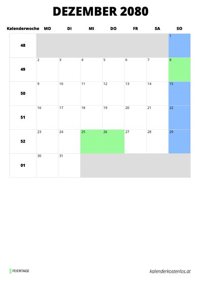Kalender Dezember 2080 Kalender Dezember 2080 im Hochformat