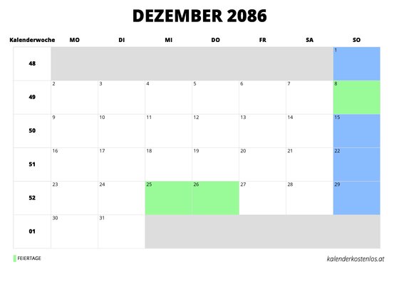 Kalender Dezember 2086 Kalender Dezember 2086 im Querformat