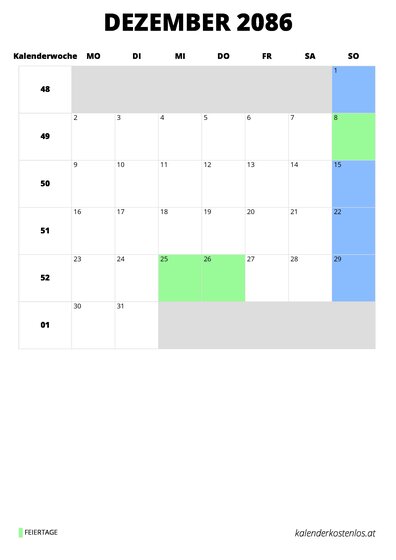 Kalender Dezember 2086 Kalender Dezember 2086 im Hochformat