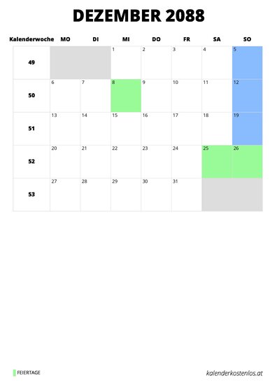 Kalender Dezember 2088 Kalender Dezember 2088 im Hochformat