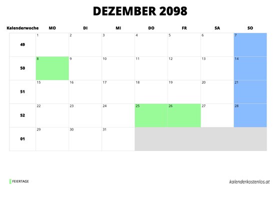 Kalender Dezember 2098 Kalender Dezember 2098 im Querformat
