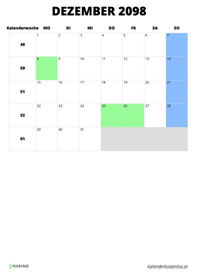 Kalender Dezember 2098 Kalender Dezember 2098 im Hochformat