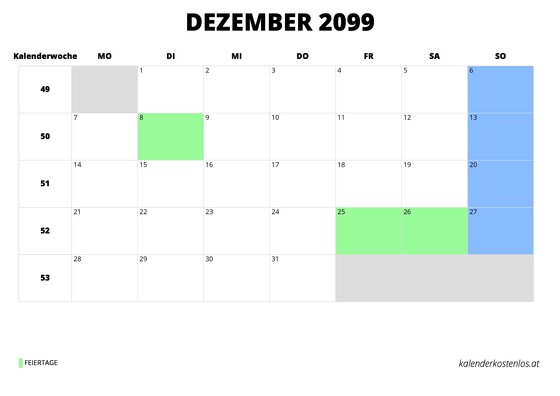 Kalender Dezember 2099 im Querformat