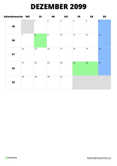 Kalender Dezember 2099 im Hochformat