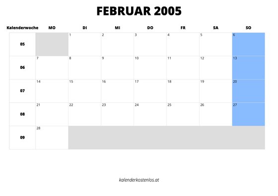 Kalender Februar 2005 Kalender Februar 2005 im Querformat
