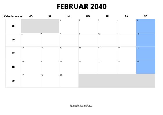 Kalender Februar 2040 im Querformat