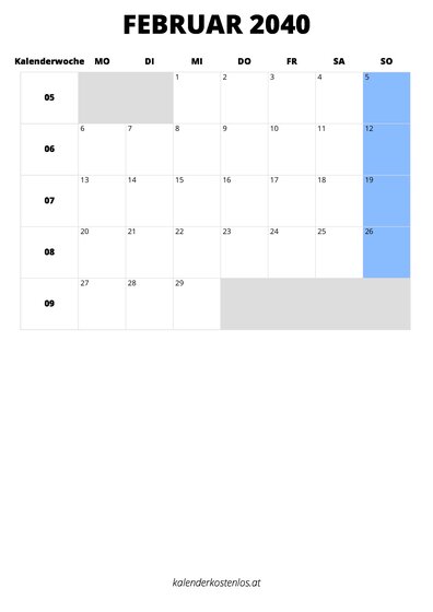 Kalender Februar 2040 im Hochformat