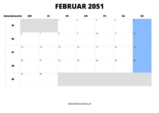 Kalender Februar 2051 im Querformat