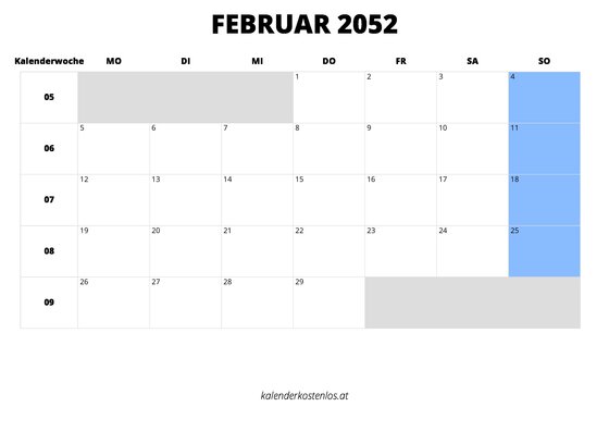 Kalender Februar 2052 im Querformat