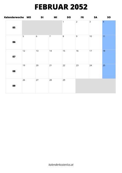 Kalender Februar 2052 im Hochformat