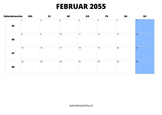 Kalender Februar 2055 im Querformat