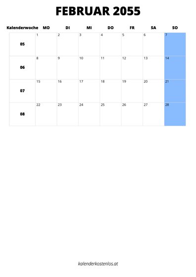 Kalender Februar 2055 im Hochformat