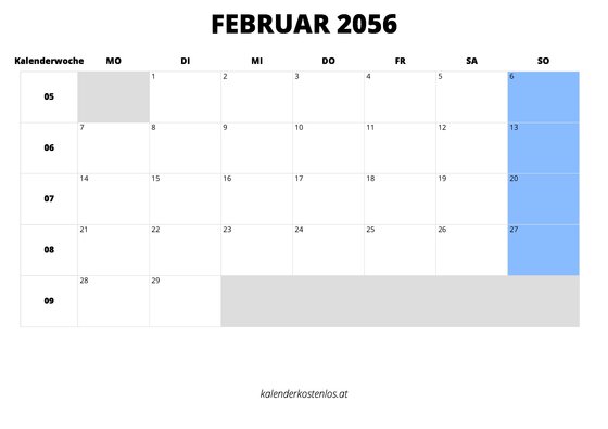 Kalender Februar 2056 im Querformat