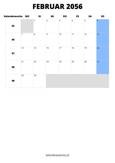 Kalender Februar 2056 im Hochformat