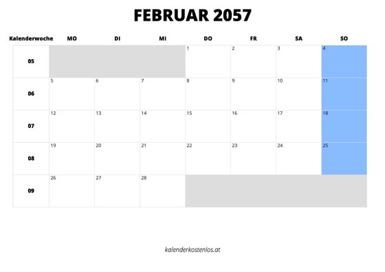 Kalender Februar 2057 Kalender Februar 2057 im Querformat