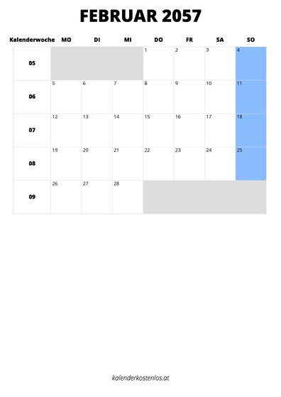 Kalender Februar 2057 Kalender Februar 2057 im Hochformat