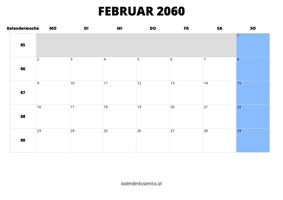 Kalender Februar 2060 im Querformat