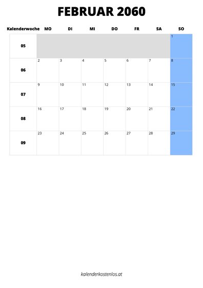 Kalender Februar 2060 im Hochformat