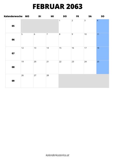 Kalender Februar 2063 im Hochformat
