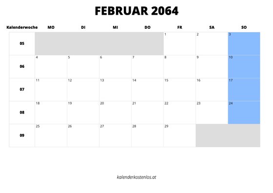 Kalender Februar 2064 Kalender Februar 2064 im Querformat