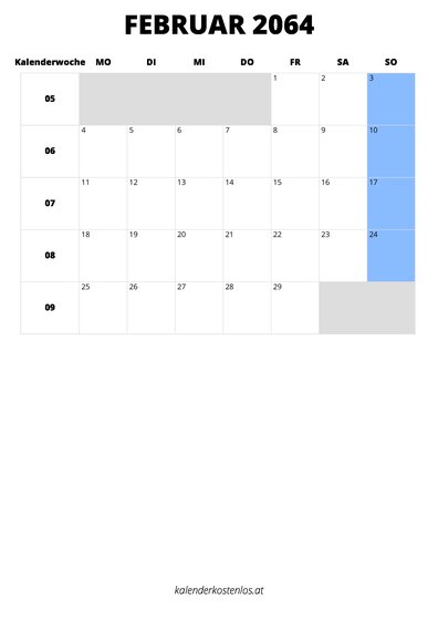 Kalender Februar 2064 Kalender Februar 2064 im Hochformat