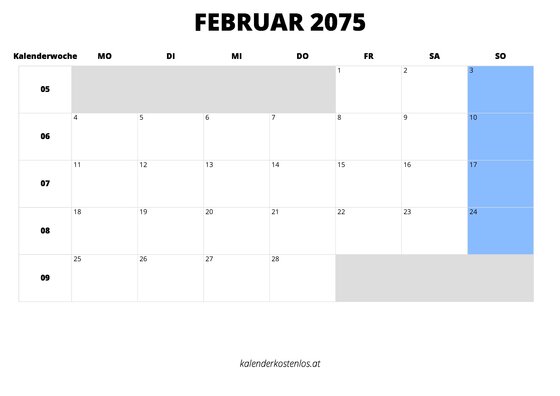 Kalender Februar 2075 im Querformat
