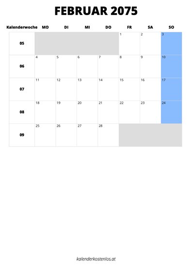 Kalender Februar 2075 im Hochformat