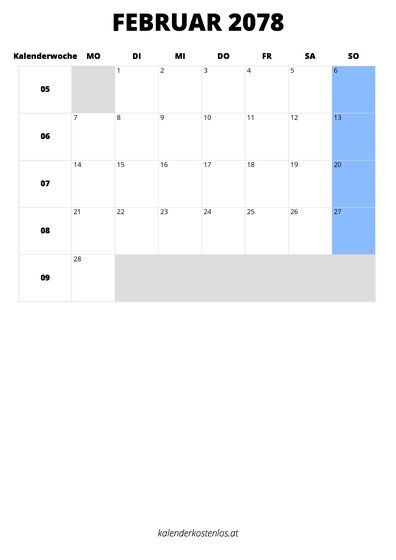 Kalender Februar 2078 Kalender Februar 2078 im Hochformat