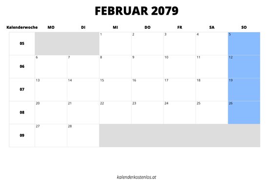 Kalender Februar 2079 Kalender Februar 2079 im Querformat