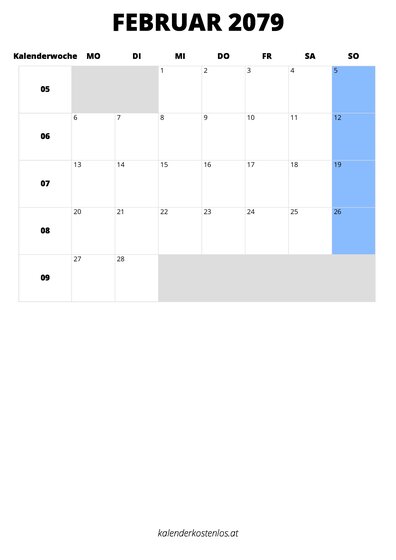 Kalender Februar 2079 Kalender Februar 2079 im Hochformat