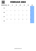 Kalender Februar 2083 im Hochformat