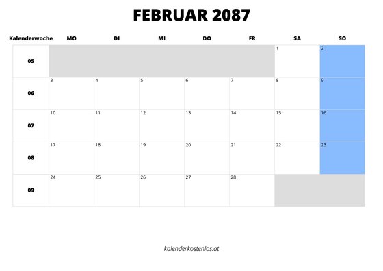 Kalender Februar 2087 Kalender Februar 2087 im Querformat